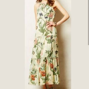 Anthropologie Maeve Ruffled Tiered Maravilla Maxi Dress Green Motif - 8P - EUC